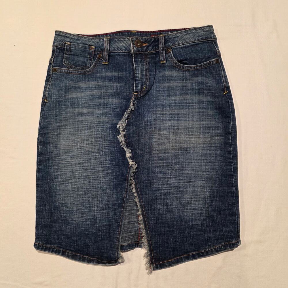 Bongo Size 7 Womens Girls Y2K Denim Skirt Front Slit Frayed Edge Vintage Blue